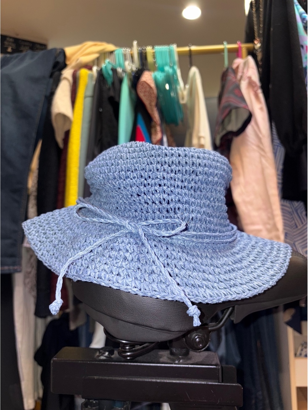 Light Blue Crochet Sun Hat with Bow Accent